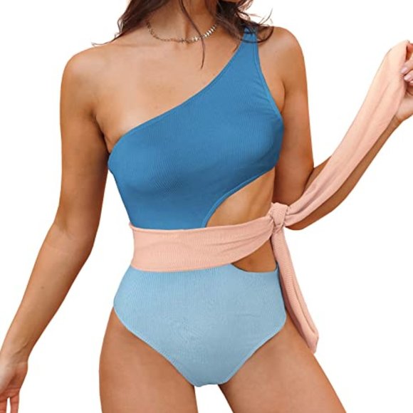 SPORLIKE Asymmetric Ribbed Color Block One-Piece Swimsuit  -  NEW WITH T… - Picture 4 of 10